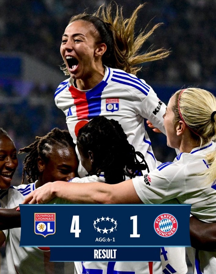 里昂女足4-1大勝拜仁女足，總比分6-1晉級(jí)女足歐冠半決賽